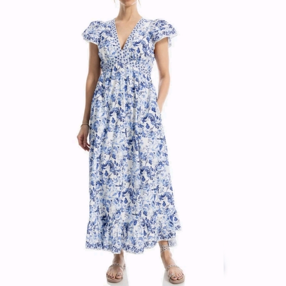 Max Studio Flutter Sleeve Tiered Maxi M Green Toile Print - Picture 3 of 7